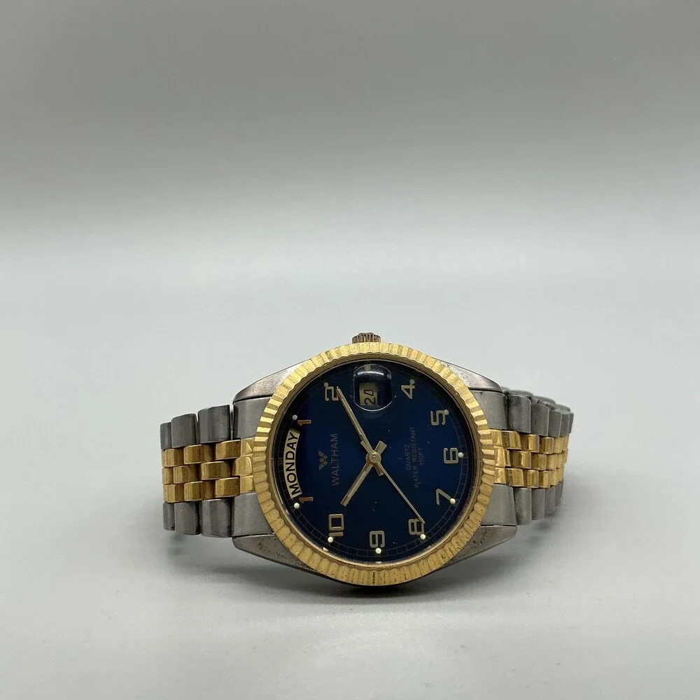 Waltham Mens Watch 36mm Blue Dial Two Tone Day Date New Battery 7